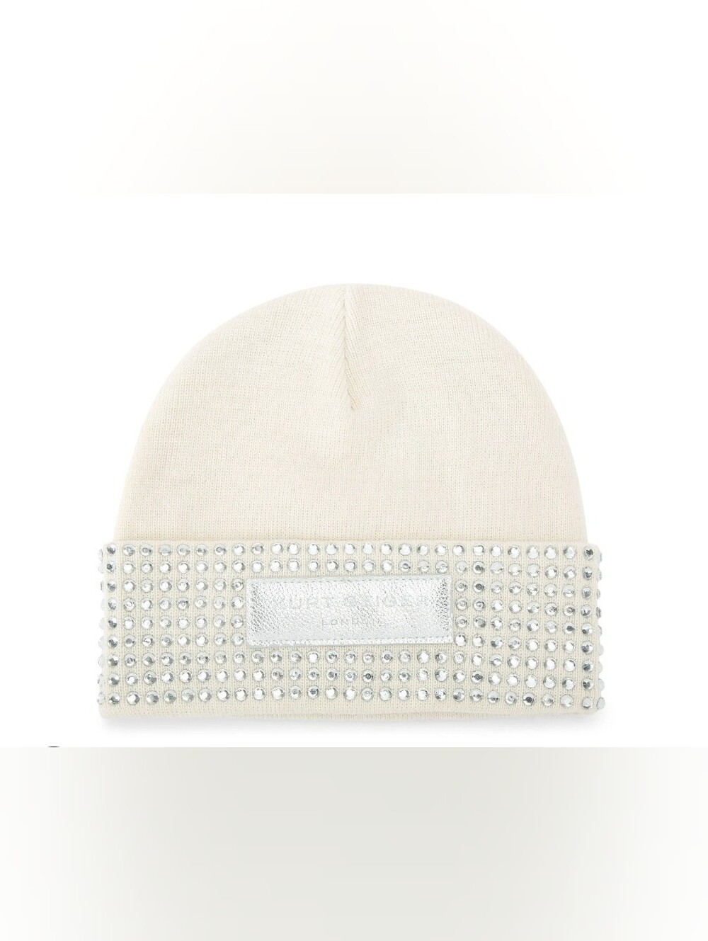 Kurt Geiger Ivory Knit Beanie with Silver Crystal Studs